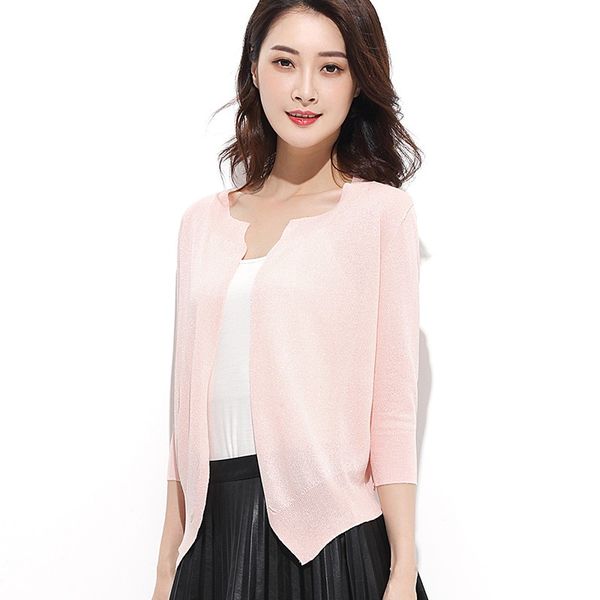 

2019 new fashion summer trends sweater women dovetail joint hollow knit cardigan round collar seven quarter sleeve ing, White;black
