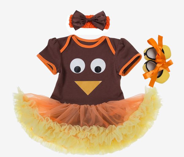 Thanksgiving Babykleidungssets 2018 Herbst Neugeborenes 0–24 Monate altes Baby, Mädchen, Baumwolle, kurze Ärmel, Strampler, Kleid + Stirnband + Schuhe = 3 Teile/Set