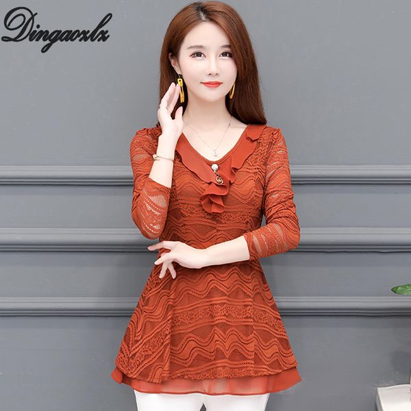 

dingaozlz -5xl autumn winter new style women long sleeve lace blouse patchwork ruffles long shirt plus size clothing, White