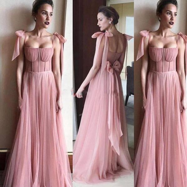 Empoeirado Rosa Vestidos de Baile Chiffon Espaguete Corpete Vestidos de Noite Voltar Coberto Botões Barato Até O Chão Vestido de Festa Formal 2019