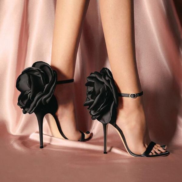 

stiletto women satin dress shoes buckle flowers open toes sandal stage show high heels shoes women party sandals, Black