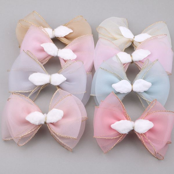 

big size chiffon fabric knot bows wing wool felt wings decorated girl hair clips headband headwear patch stickers ornament 10pcs, Golden;white