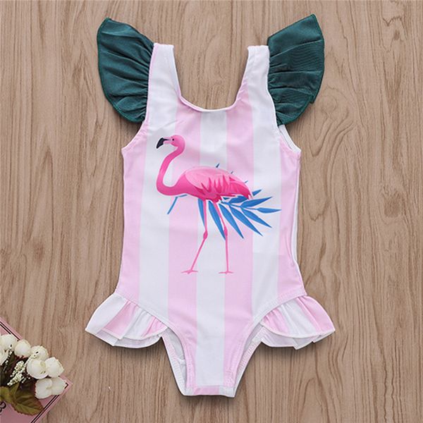 

baby girl one-piece suits new cute cartoon flamingo print swimwear children swimming clothes ruffles swimsuits