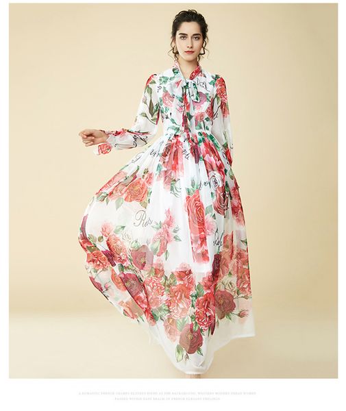 2019 Runway-Kleider für Damen, Schärpe, Schleifenkragen, lange Ärmel, Blumenmuster, elegant, Maxi, lässig, Urlaubskleider