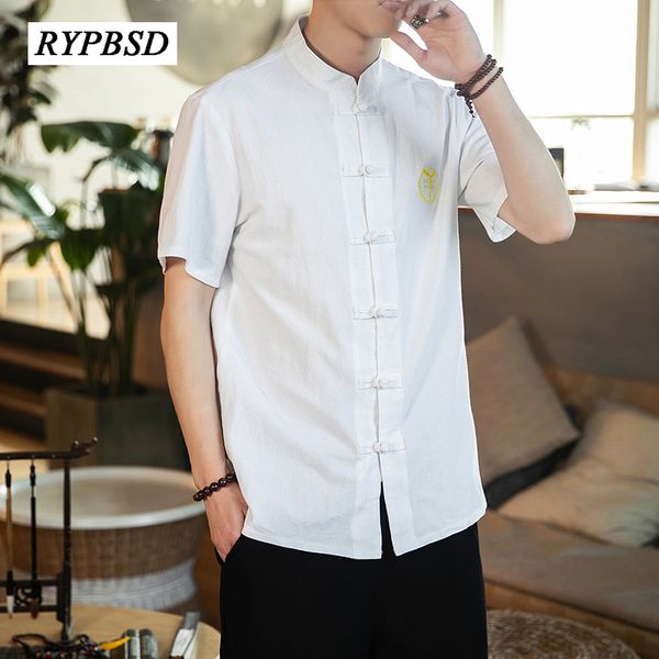 

men cotton linen shirts chinese style 2020 summer short sleeve tang suit shirt casual men's button embroidered shirt plus size, White;black