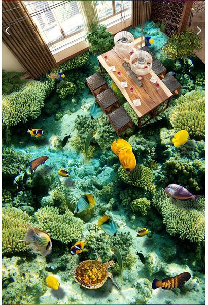 

3d pvc flooring custom p self-adhesive wall paper waterproof floor sticker sea world fish coral 3d wall murals wallpaper for walls 3 d