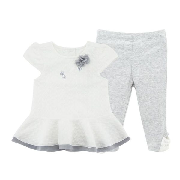 

2020 baby girl clothes set dress and pants flower decorations cute style summer short sleeve lolita girl princess clothing, White