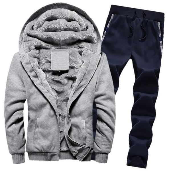 

mens hoodies winter warm thick fleece zipper sweater hooded jacket outwear coat pants male sets, Gray