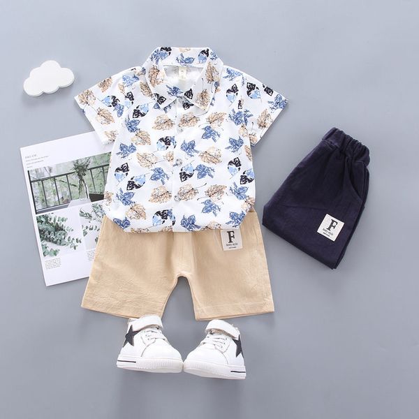 

children cotton out summer clothes baby boy full printed leaf t shirts shorts 2pcs/sets infant kids fashion toddler tracksuits, White