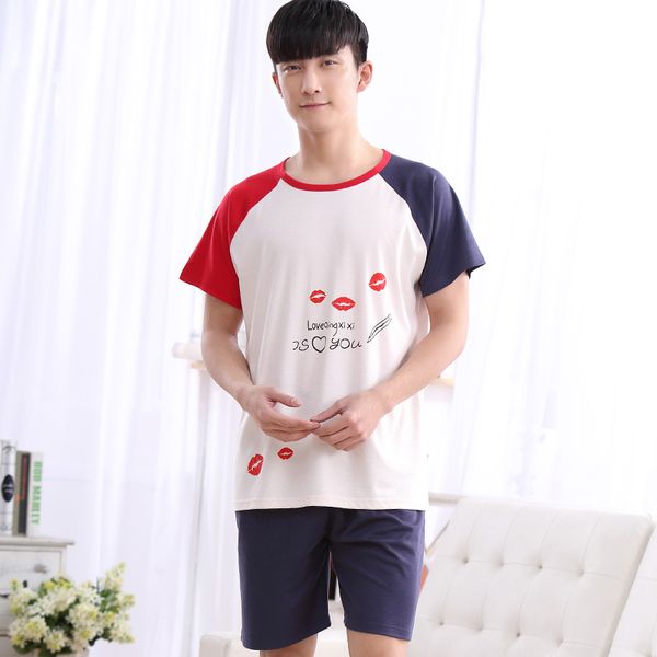 

1092 lips pattern men's large size short sleeves pajama, Black;brown