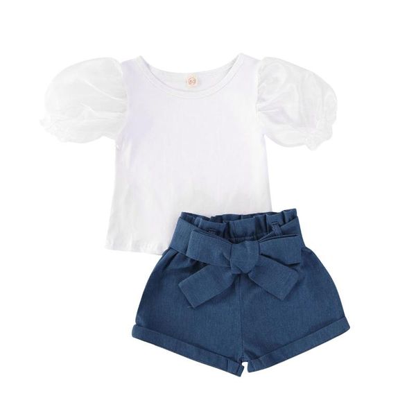 

1-5years kid baby girls clothes sets puff short sleeve white t shirts +blue shorts 2pcs