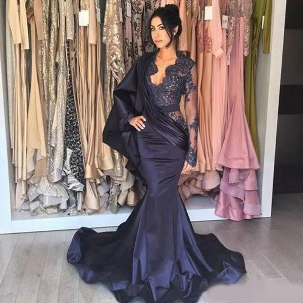 

saudi arabic dark navy mermaid evening dresses 2020 long sleeves celebrity wear formal party prom gowns plus size, Black;red