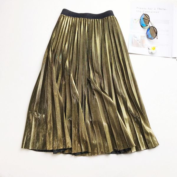 

2019 summer fashion vintage silver golden metal casual solid midi skirt high waist long pleated skirts for women ladies black, Black;gray