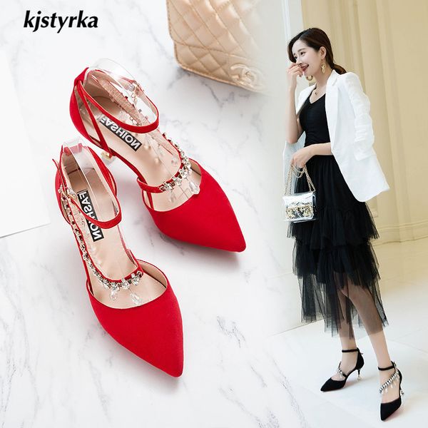 

2019 sabot talons fashion woman shoes pointed toe pumps shiny string crystal lady party 7cm stiletto high heels sapato feminino, Black