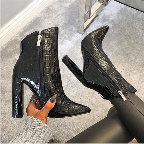 

2019 luxury design women 11.5cm high heels fetish boots leather block white heels ankle boots serpentine chunky quality shoes, Black