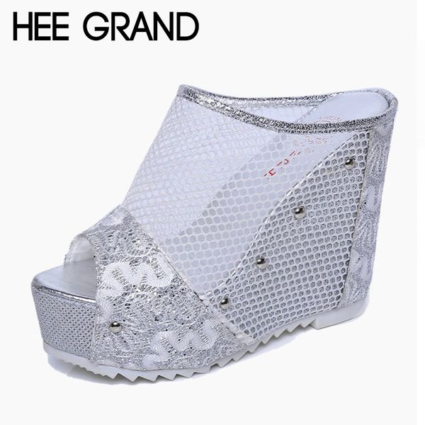 

hee grand 2018 crystal decoration women wedge slippers fish mouth sandals high heel comfortable women vacation shoes xwd6540, Black