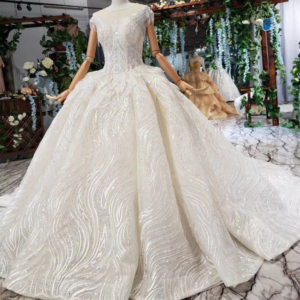 

2019 summer bohemian wedding dresses illusion o neck short sleeve tulle back side lace up back sequin crystal lace pattern bridal gowns new, White