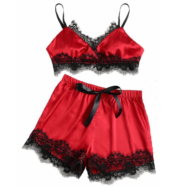 

womens satin lace bra cropped shorts babydoll lingerie sleepwear pajama set nightwear, Black;red