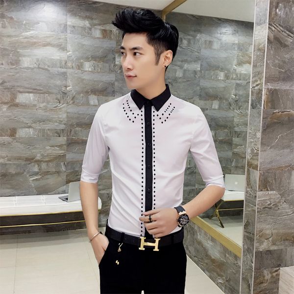 

2017 summer shirts mens broque camisa xadrez masculina black and white slim fit night club outfits casual shirts mens social hot, White;black