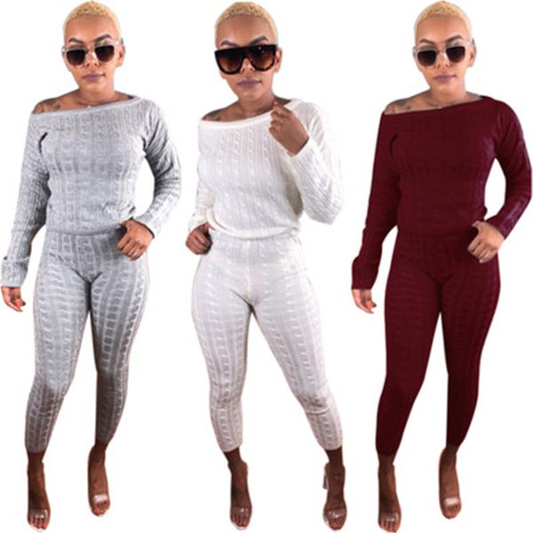 

knitted sweater long sleeve womens 2pcs sets loose big round collar womens two piece sets solid color pants female apparel, Gray