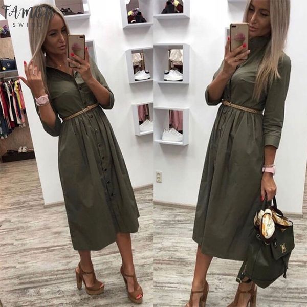 

women vintage front button sashes party dress three quarter sleeve turn down collar solid dress 2020 autumn new fashion dress, Black;gray
