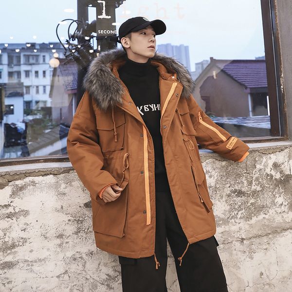 

men's winter 2019 new slim solid color thickened medium long style plus cashmere warm coat loose casual youth men's wear, Black
