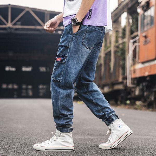 

fashion casual hombre loose jeans men drawstring slim fit denim joggers stretch male jean pencil pants blue men's jeans spring