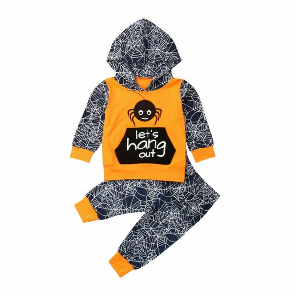 

1-6y autumn winter children's suit long-sleeve hooded collar letter print shirt + spider web pattern trousers children's sets, White