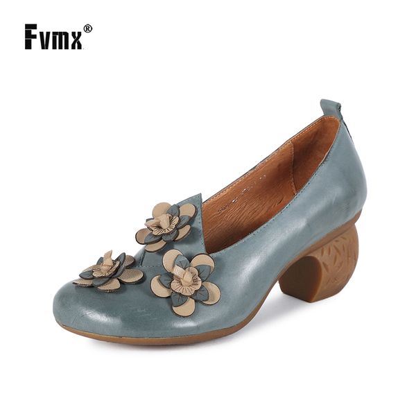 

fvmx 2020 new genuine leather fashion high-heeled women shoes handmade ethnic literary retro style fantasy flowers pumps loafers, Black