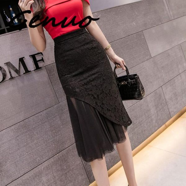 

genuo plus size lace high wait white skirt 2019 fashion summer lace patchwork black skirts office lady korean pencil skirt