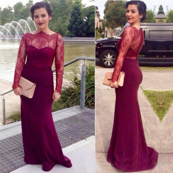 

Long Sleeve Burgundy Lace Prom Dresses Bateau Mermaid See Through Long Evening Gowns Women Formal Party Dress Bridesmaid Party Dresses