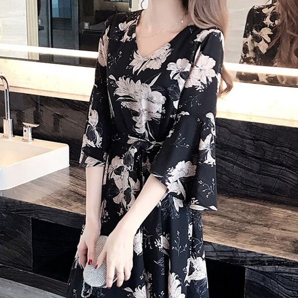 

fashion women dress elegant floral printing knee length half sleeve v-neck loose dress holiday beach party ladies midi dresses, Black;gray