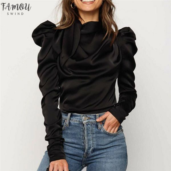 

2020 new women satin solid blouses bow neck long puff sleeve elegant blouse office lady shirts blouse female blusas, White