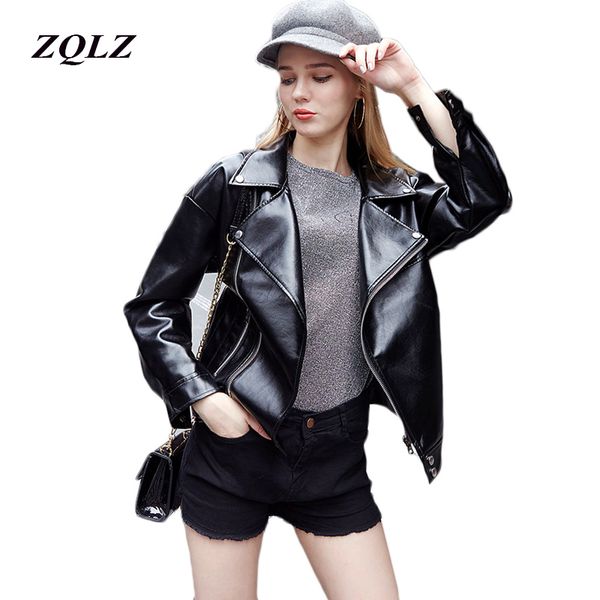 

zqlz new arrival 2019 brand spring autumn motorcycle leather jackets leather jacket women coat slim pu jacket, Black