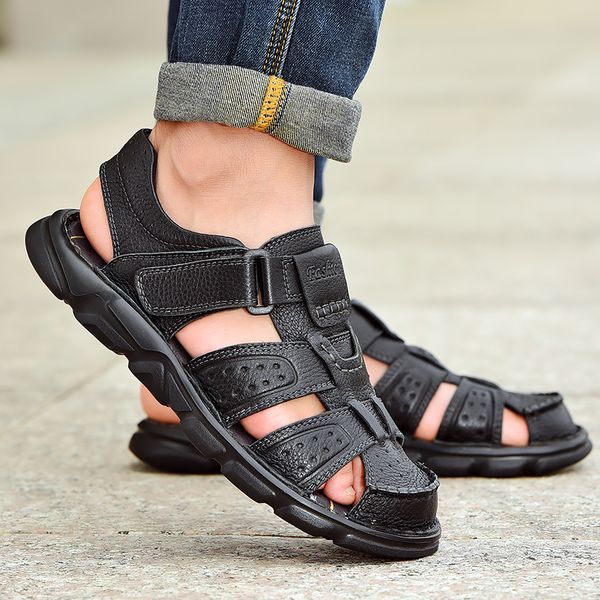 

sandals big size hollow out summer shoes for men casual cow leather covers toe platform sandales homme zapatos hombre sandalen, Black