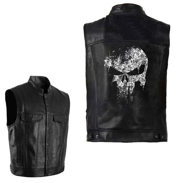 

pu vests men leather skull hip hop sleeveless jackets punk rock waistcoat streetwear outerwear biker motorcycle locomotive coats, Black;white