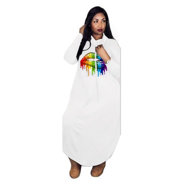 

wholesale autumn streetwear women rainbow big mouth printed hooded collar split side loose ankle-length dresses 3 color bl7336g, Black;gray