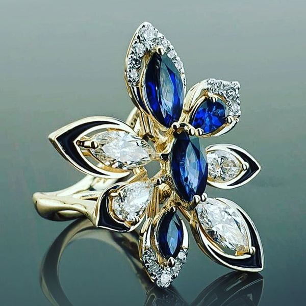 

s1280 fashion jewelry luxurious atmospheric lady flower-shaped colored zircon ring party ring accessories, Silver
