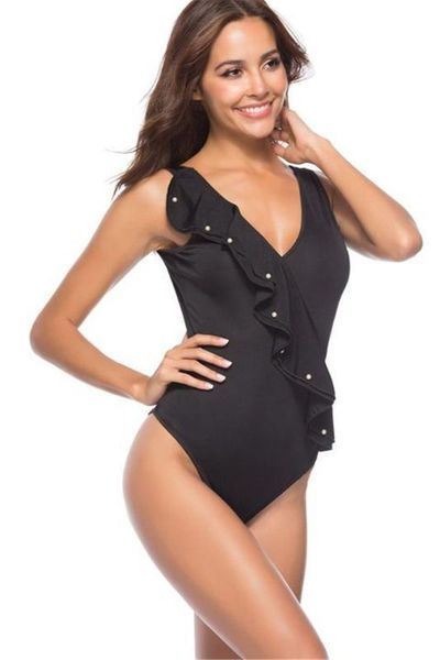 

one piece swimsuit v neck open back ruffled bikini swimwear womens designer summer, White;black