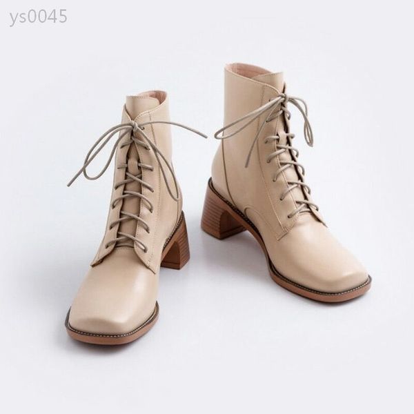 

leather thick heel mid-heel short boots women winter and autumn single boots custom classic head lace up fashionable martin boots, Black