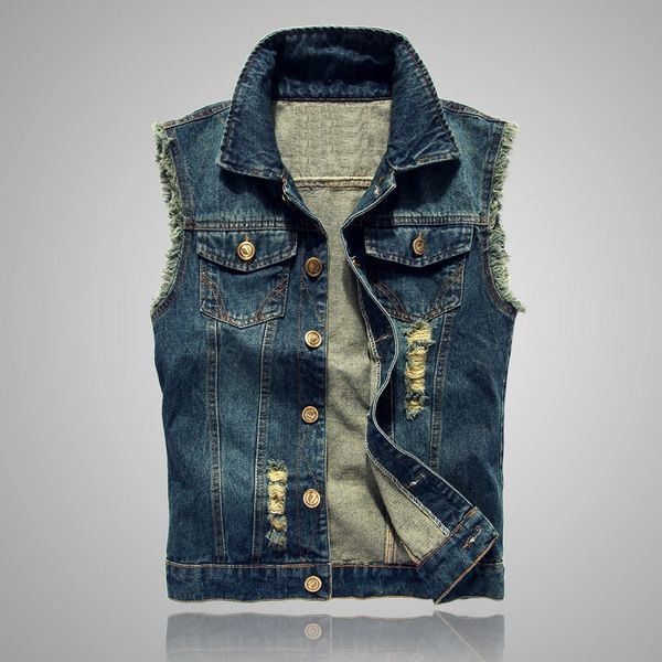 

men's sleeveless denim vest single button tide coat hole waistcoat autumn streetwear fashionable jackets oversized 6xl, Black;white