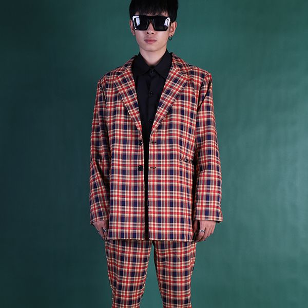 

men casual vintage plaid suit jacket male high street fashion hip hop blazer suit coat dj singer stage clothing custom made sets, White;black