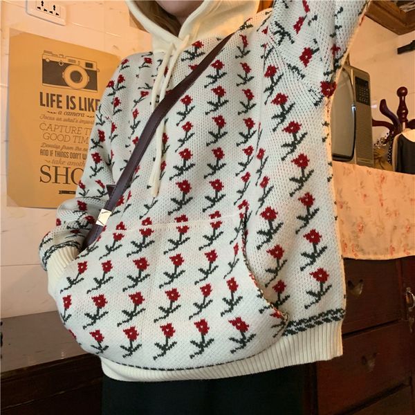 

hooded floral pocket loose solid long sleeve cute korean women sweater autumn pullover knit chaqueta harajuku jumper pull outfit, White;black