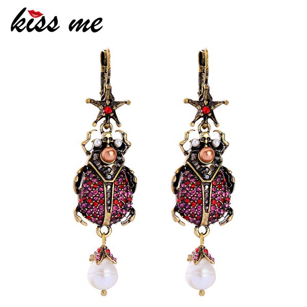 

kiss me women beetle dangle earrings unique zinc alloy vintage rhinestone cultured pearl earrings fashion jewelry, Silver