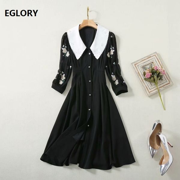 

novia party 2020 summer fashion style dress women white turn-down collar color block embroidery knee-length black button dress, Black;gray