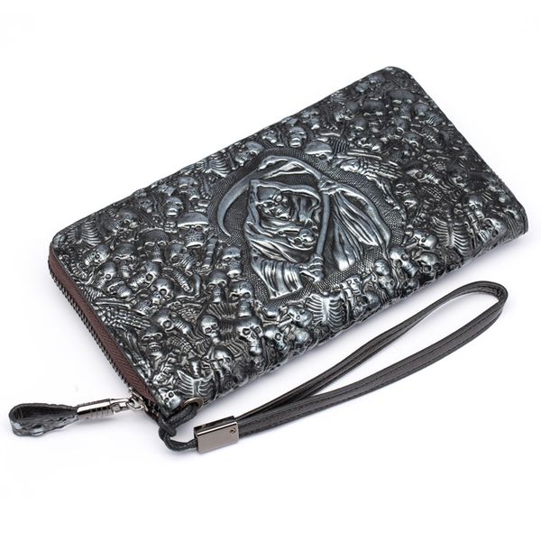 

2019 new genuine leather men long wallet purse card holder coin pocket grim reaper male wallets high-capacity multi-card s073, Red;black