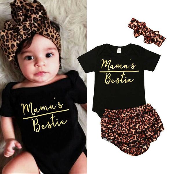 

3pcs newborn baby girls romper short sleeve jumpsuit leopard ruffles short pants headband outfits clothes set, White
