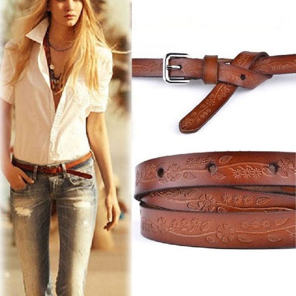 

woman print floral leather belts genuine leather belt buckle pin buckle female vintage waistband jeans sash belt strap gift, Black;brown