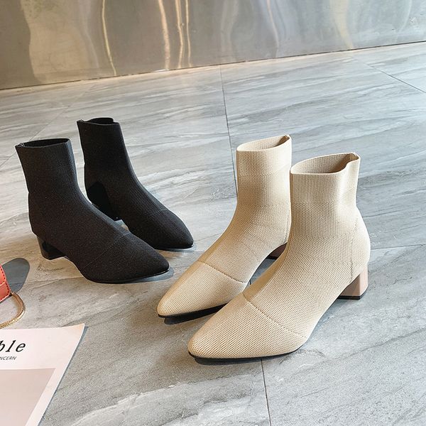 

women knitting elastic autumn ankle boots square middle heels female pointed toe short sock boot ladies casual fashion shoes, Black