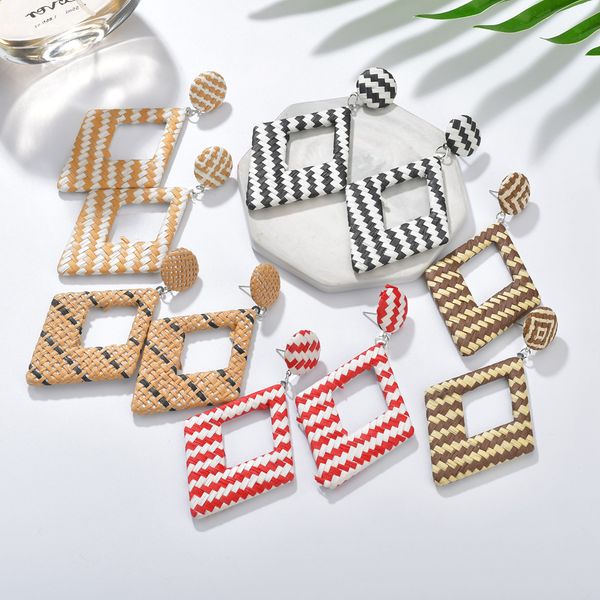 

2019 new korea handmade wooden straw woven rattan vine braid geometric large circle square long drop earrings for women girl, Silver
